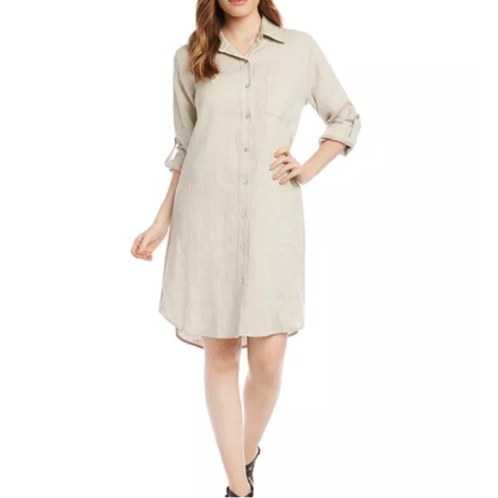 Karen Kane Dress Sz M 100% Linen Long Sleeve Collared Button Shirt Beige Tan
